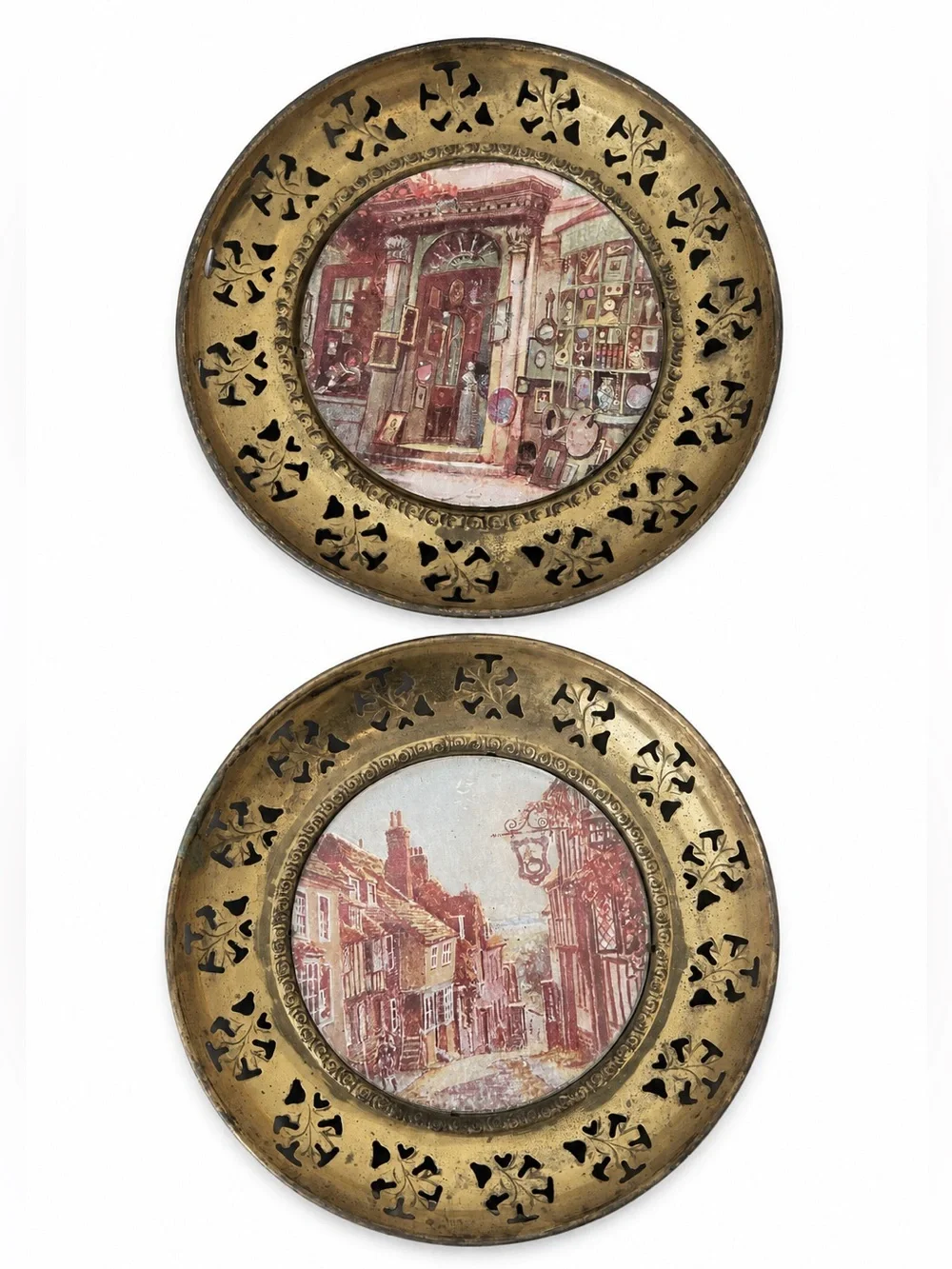 Lot of 2 Antique-Style Brass Round Plaques Made in England London Village Scenes